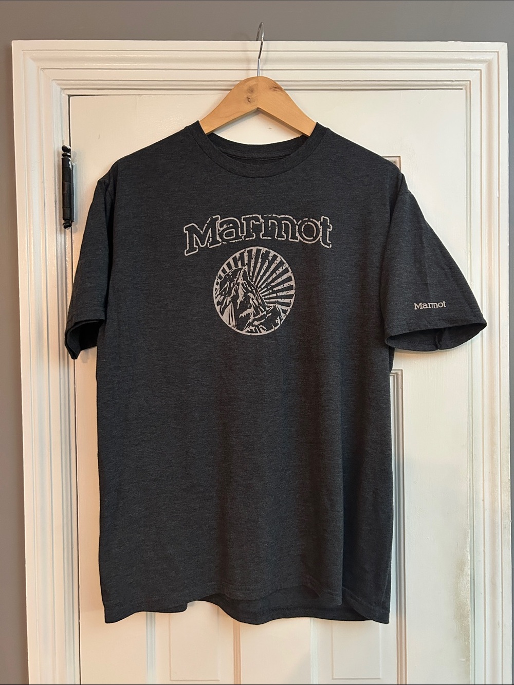 Marmot Dark Charcoal Logo Tee with Mountain Graphic BRAND NEW w/o Tags